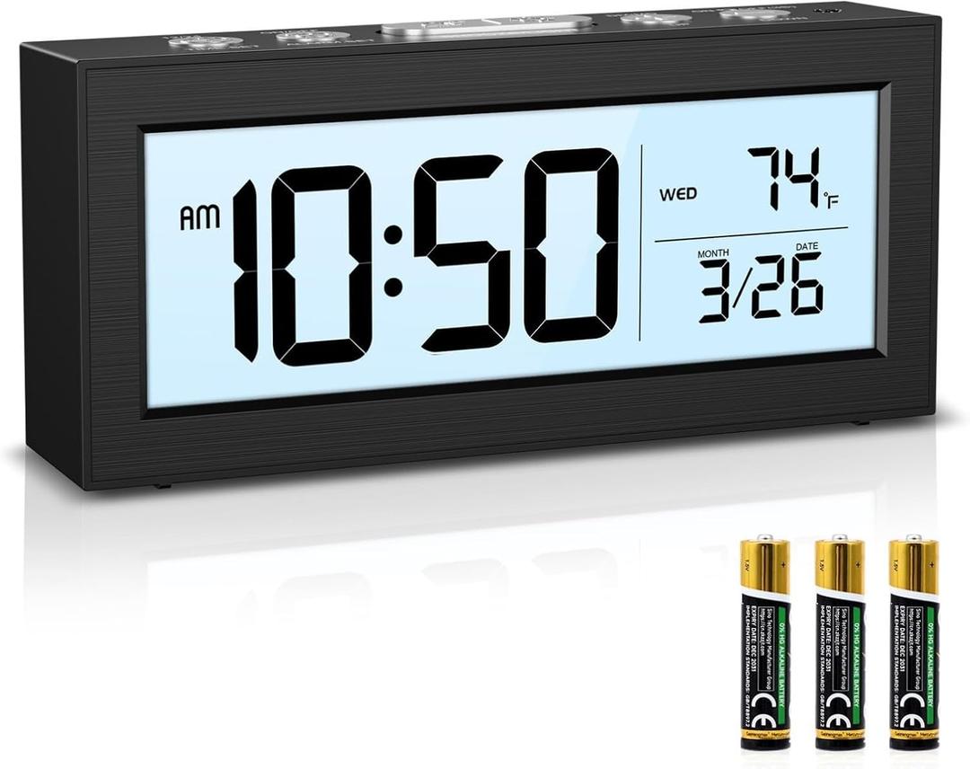 ORIA Battery Operated Digital Clock, Digital Alarm Clocks for Bedrooms with Auto Dimmer, Large LCD Display, Indoor Temp & Date, Small Desk Clock for Kids, Teens, Seniors, Batteries Included
