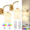 Battery Operated Wall Sconces Set of 2, Brass Gold Rechargeable Wall Sconces with Remote & Bulbs, Indoor Not Hardwired Wall Lights, 15 Colors Dimmable Cordless Wall Lamps for Living Room Hallway Foyer