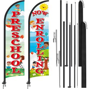 HunnmingRe 2 Pack Now Enrolling Preschool Feather Flag Set Preschool Swooper Flag Weatherproof Advertising Banner Enrolling Sign 15ft x 2.5ft with Flagpoles Ground Stakes Set for Business Advertising, Large Signage