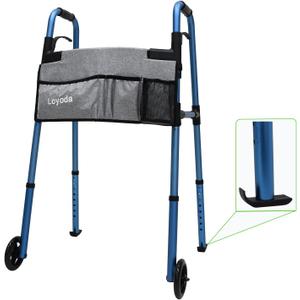 Folding Walkers for Seniors, Medical Walker 5'' Front Wheel Lightweight Walker with Storage Bag and Skis Glides Height Adjustable Aluminum Compact Standard Walker Blue