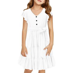 storeofbaby Girls Short Sleeve Dress V Neck Button Ruffle Hem Dresses with Belt (White, L)