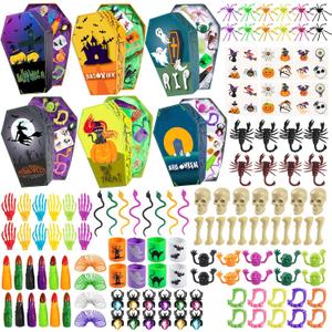 243 PCS Halloween Party Favors for Kids, 24 Pack Coffin-Shaped Goodie Bags with Halloween Toy, Halloween Goodie Bags Stuffers, Bulk Halloween Party Favors Gifts for Trick or Treat