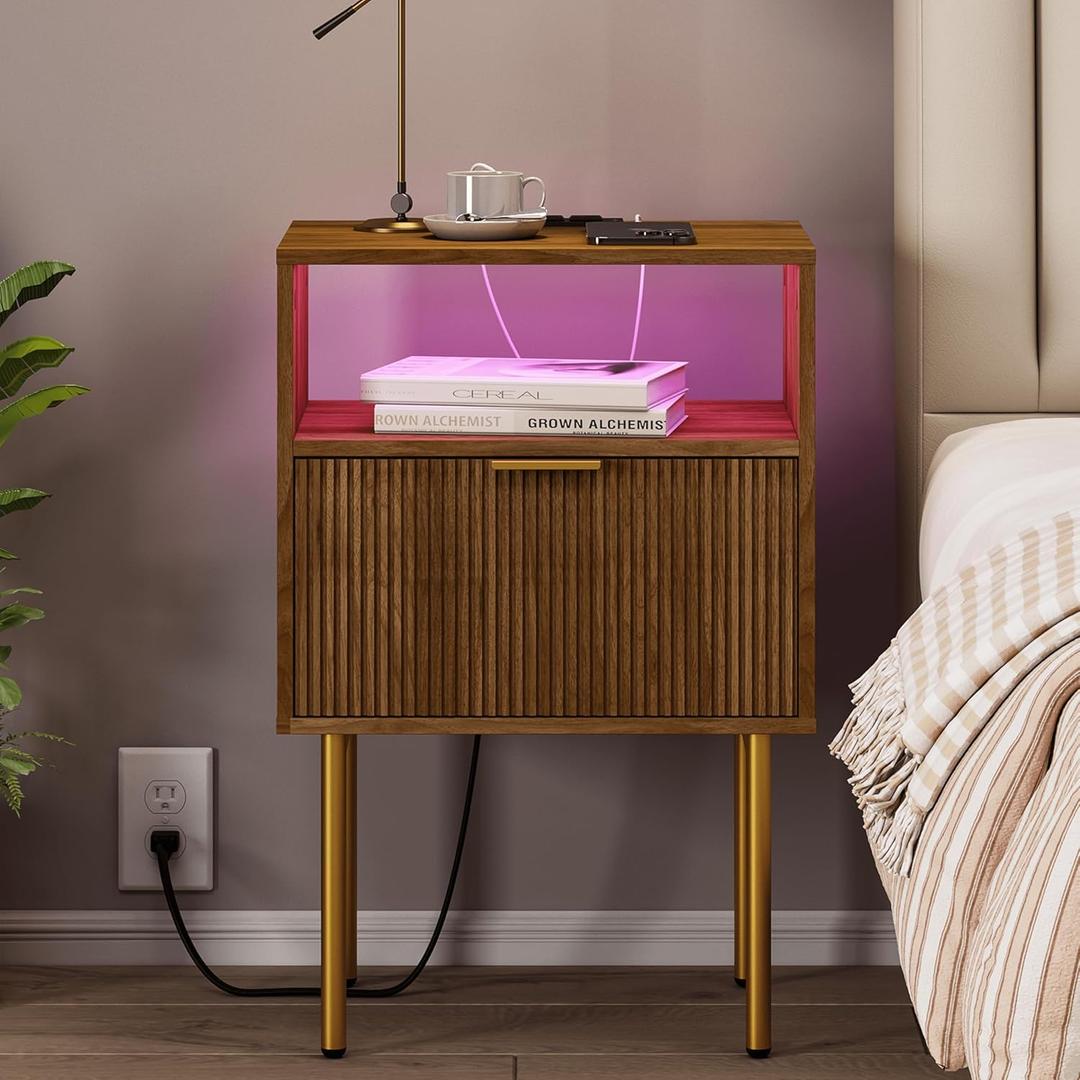 JOONEE Nightstand with Outlet and Led Light, Bedside Table with Storage Drawer, Fluted Side Table for Living Room, Bedroom