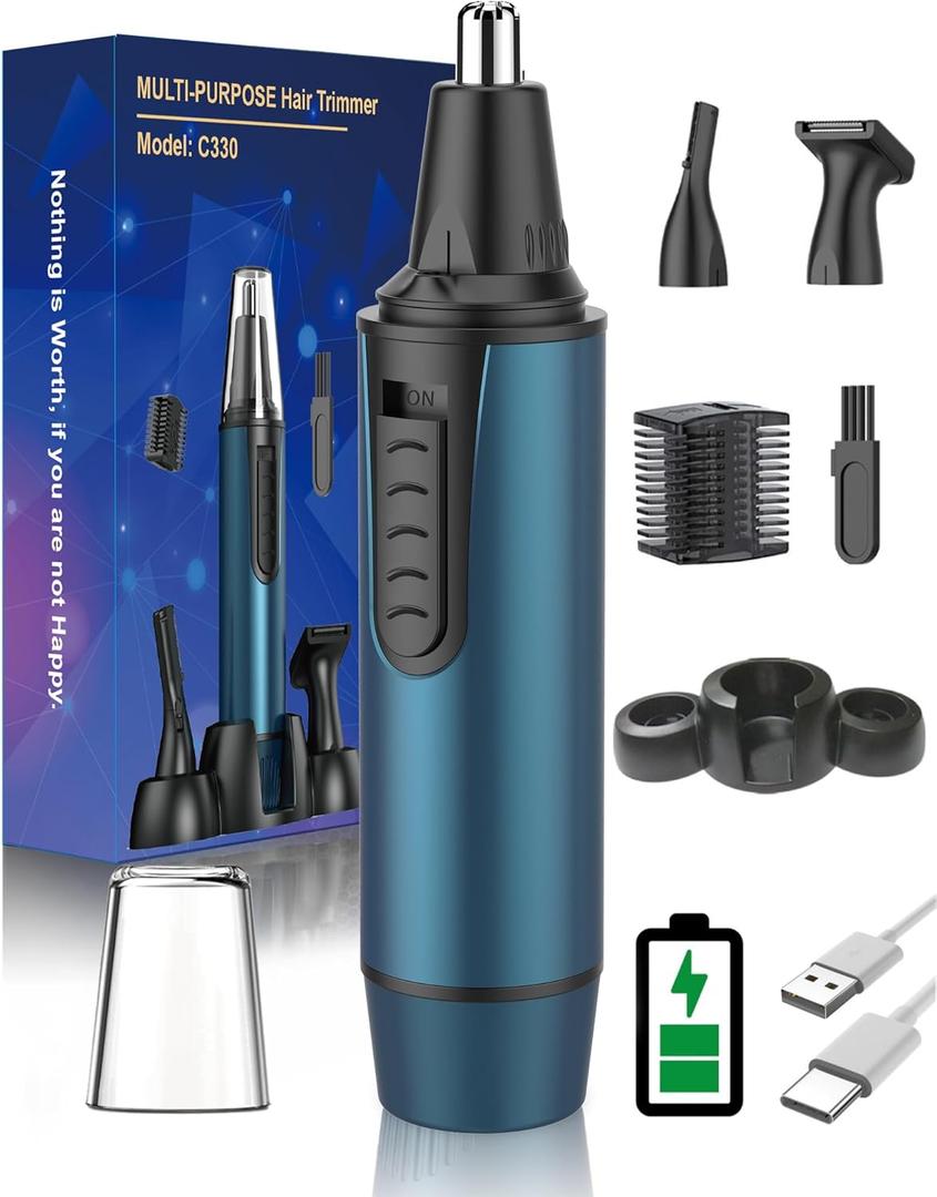 AREYZIN Ear and Nose Hair Trimmer for Men and Women Professional USB Rechargeable Nose Trimmer Nose Clippers Eyebrow Facial Hair Trimmer Body Grooming Kit IPX7 Waterproof Dual Edge Blades (Blue)