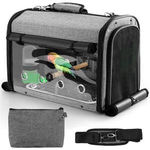 Sanmoncare Bird Carrier Bag Cockatiel Travel Cage with Stand, Lightweight Travel Carrier for Small Bird, Portable Parrot Travel Bag, Pet Transparent Travel Backpack (Grey)