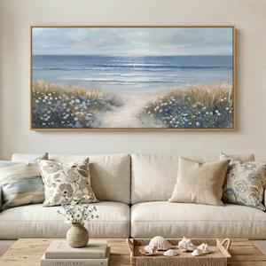Extra Large Framed Coastal Landscape Wall Art for Living Room, Horizontal Floral Beach Seascape Canvas Artwork for Walls, Ocean Scenic Picture Print for Bedroom Dining Room Office Wall Decor, 60x30 In
