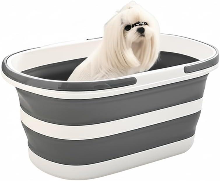 Collapsible Pet Bath Tub with Drain Plug, 23.6" L x 15.7" W Foldable Dog Cat Bathtub with Water Temperature Sticker, Portable Grooming Wash Basin Folds Flat to 2.8", Space Saving