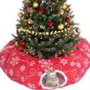 Christmas Tree Cat Tunnel Bed Cat Donut Tunnel Toy Under Christmas Tree Skirt, Flannel Kittens Cave Donut Multifunctional Hide Place for Rabbit Puppy, Snowflake Pattern(Red,White)