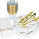 175pcs Gold Plastic Dinnerware Set Elegant Disposable Plates, Cups, Utensils & Napkins for Wedding, Party, Birthday, Graduation