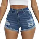 Women Ripped Denim Shorts High Rise Summer Jeans Stretchy Folded Hem Jean Shorts Cut Off Distressed Short Jeans (Medium, Dark Blue)