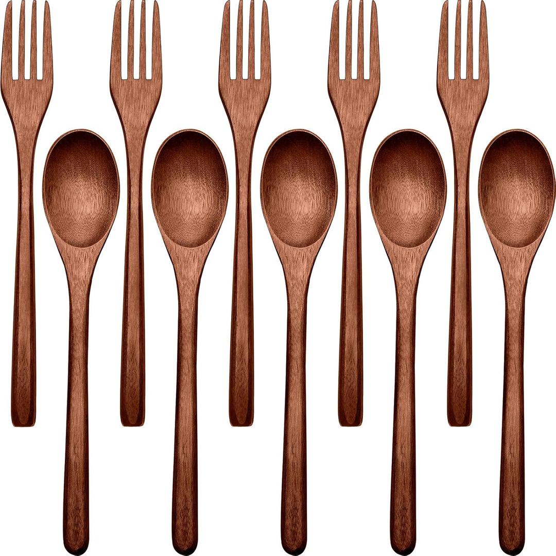 Patelai Wooden Spoons Forks Set Wooden Utensils for Eating Wood Dinner Utensil Set Reusable Flatware Tableware Handmade Natural Cutlery Includes Spoon Fork for Cooking Eating Kitchen(10 Pieces)