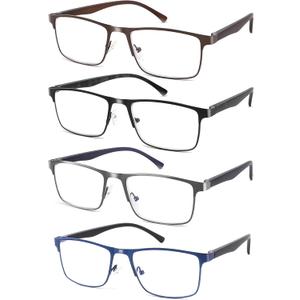 4-Pack Blue Light Blocking Reading Glasses for Men Stylish Metal Frame Readers with Comfort Spring Hinges Anti Glare UV Filter Eyeglasses, +2.75 STRENGTH
