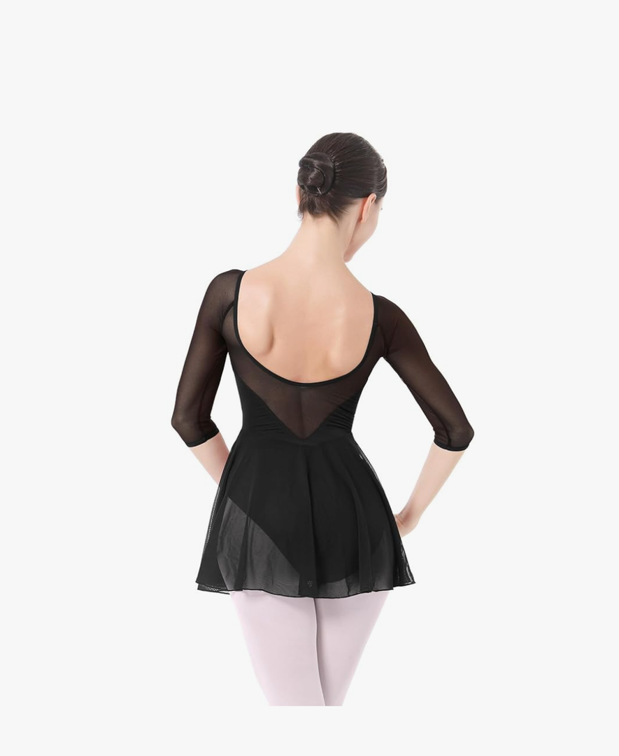 IBAKOM Ballet Leotards Dress for Women 3/4 Mesh Sleeve V Neck Scoop Back Gymnastics Leotard Slim Fit Ballerina Dance Leotard, S