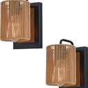 Boho Rattan Wall Sconces Set of Two, Farmhouse Wall Light Fixtures Lighting with Hand Woven Hemp Rope Shade Bedside Wicker Wall Lamp, Wall Mount Light Fixture for Bedroom Living Room Bathroom Stairway