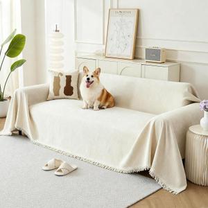 Couch Cover for Dogs, Boho Sofa Covers for 3 Cushion Couch, Chenille Sofa Slipcover for Pets Washable, L-Shape Sectional Couch Loveseat Cover Soft Throw Blankets with Tassels(71x118,Cream)