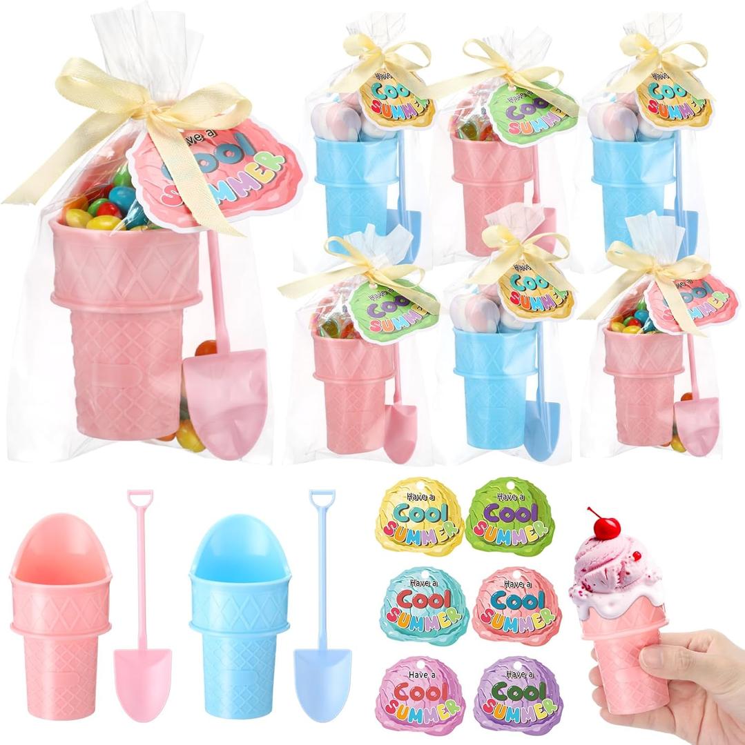 24 Pack Ice Cream Party Favors for Kids Including 24 Plastic Ice Cream Bowls and 24 Spoons with Have a Cool Summer Cards for Children Sundae Frozen Yogurt Summer Holiday Pool Beach Parties Supplies