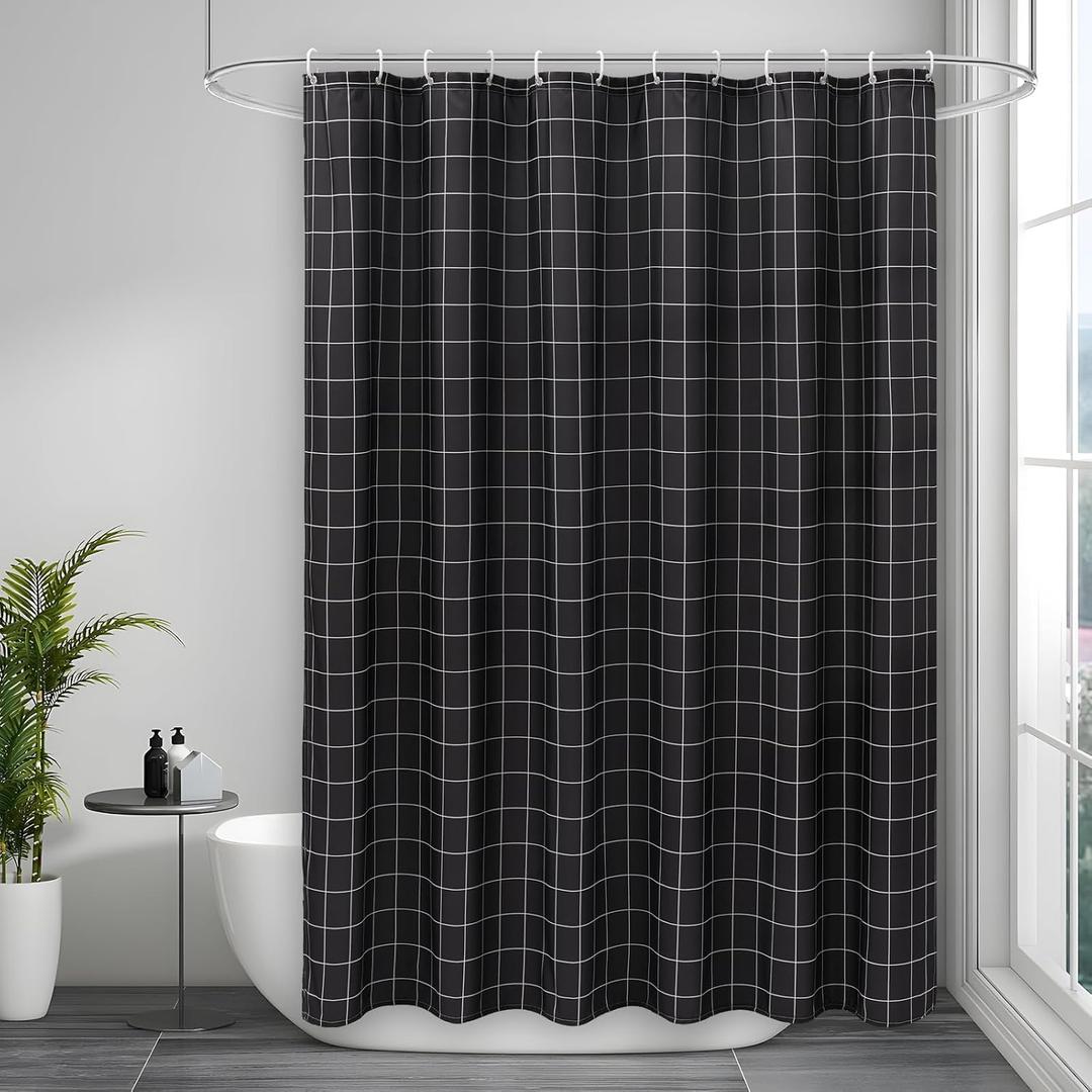 AooHome White and Black Extra Long Shower Curtain 72x84 Inches, Fabric Geometric Plaid Pattern Bathroom Shower Curtain with Hooks, Heavy Duty, Weighted Hem, Water Repellent, 72 Width by 84 inch Height