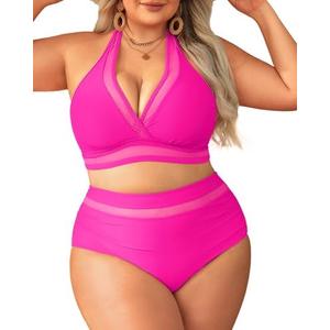 Tempt Me Women Plus Size Bikini High Waisted Swimsuits Mesh Tummy Control Two Piece Bathing Suit 18 W, Hot Pink 
