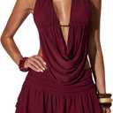 OYOANGLE Women's 2 Piece Outfits Y2K Deep V Neck Sleeveless Halter Summer Top and Ruched Ruffle Skirt Going Out (Large, Burgundy)