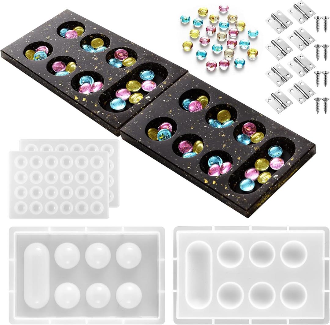 Zhehao Mancala Board Game Molds Set Epoxy Silicone Resin Molds Kit with 2 Pcs Mancala Stones Molds 4 Pcs Metal Mancala Accessories Mancala Board Resin Game Molds for Gifts DIY Family Party Board Games
