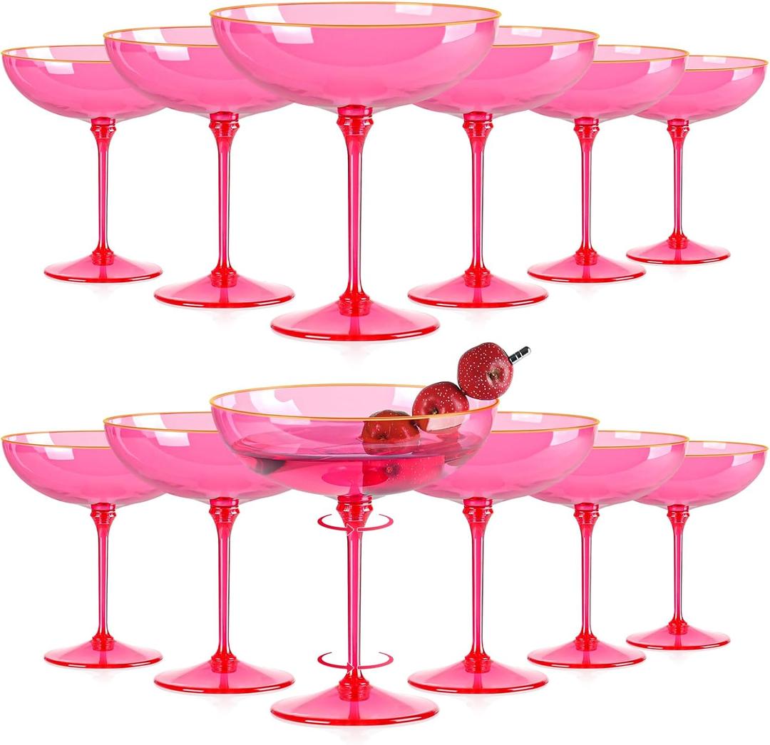 12 PCS Plastic Coupe Glasses 9 oz Hot Pink Detachable Gold Rim Martini Glass Espresso Champagne Cocktail Cups Disposable Vintage Margarita Glassware for Valentine's Day Wedding Bridal Shower Party