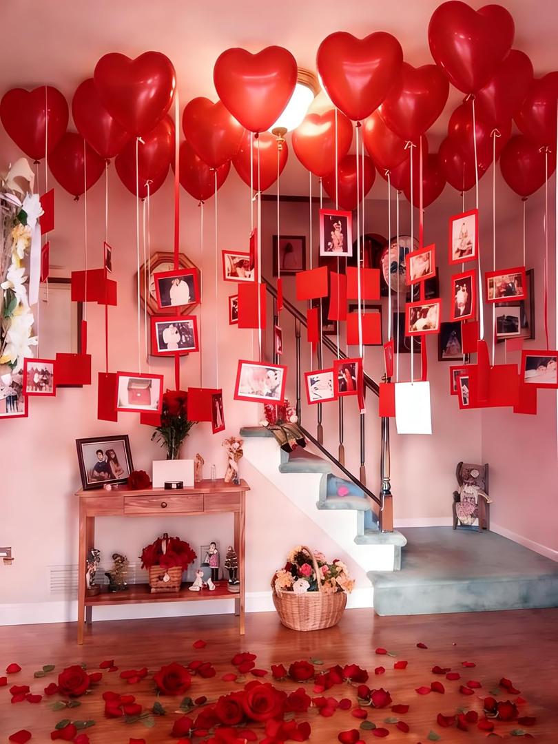 Whaline 30 Pcs Valentine's Day Paper Photo Frame Heart Balloon Set Red Hanging Latex Balloon with Glitter Card Ceiling Decoration for Anniversary Birthday Wedding Decor