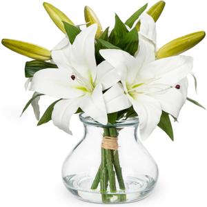 Artificial Flowers Tiger Lily Real Touch with Vase Easter Lily White Lilies Silk Faux Flowers Arrangements in Glass Vase with Faux Water Easter Decor Fake Floral Bulk Bouquet for Office Home Decor