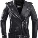 HWK Brando Leather Motorcycle Jacket for Women, Genuine Leather Jacket for Weather & Water Resistant Motorbike Riding, Size L