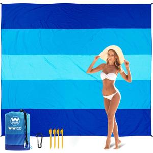 WIWIGO Beach Blanket Sandproof Extra Large Beach Mat Adults Waterproof Quick Drying Sand Free Mat Made by Premium Polyester with 4 Stakes & 4 Corner Pockets for Outdoor Travel Camping Hiking (108"X 120", 5 Blue Striped)