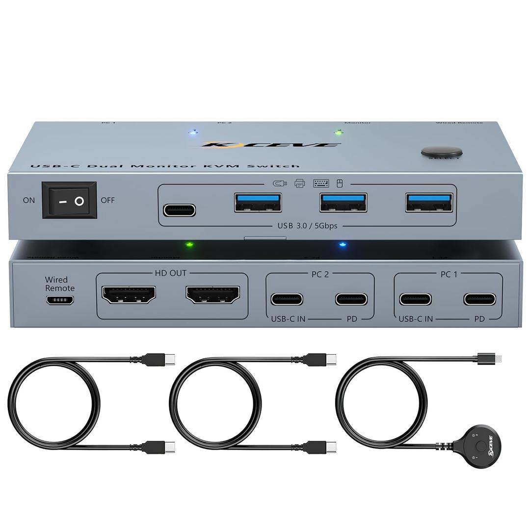 USB C KVM Switch 2 Monitors 2 Laptops, 4K@60Hz USB C Dual Monitor KVM Switch for 2 laptops to Share 2 Monitor and 4 USB3.0 Devices, 80W PD Charging, Wired Remote and Cables Included