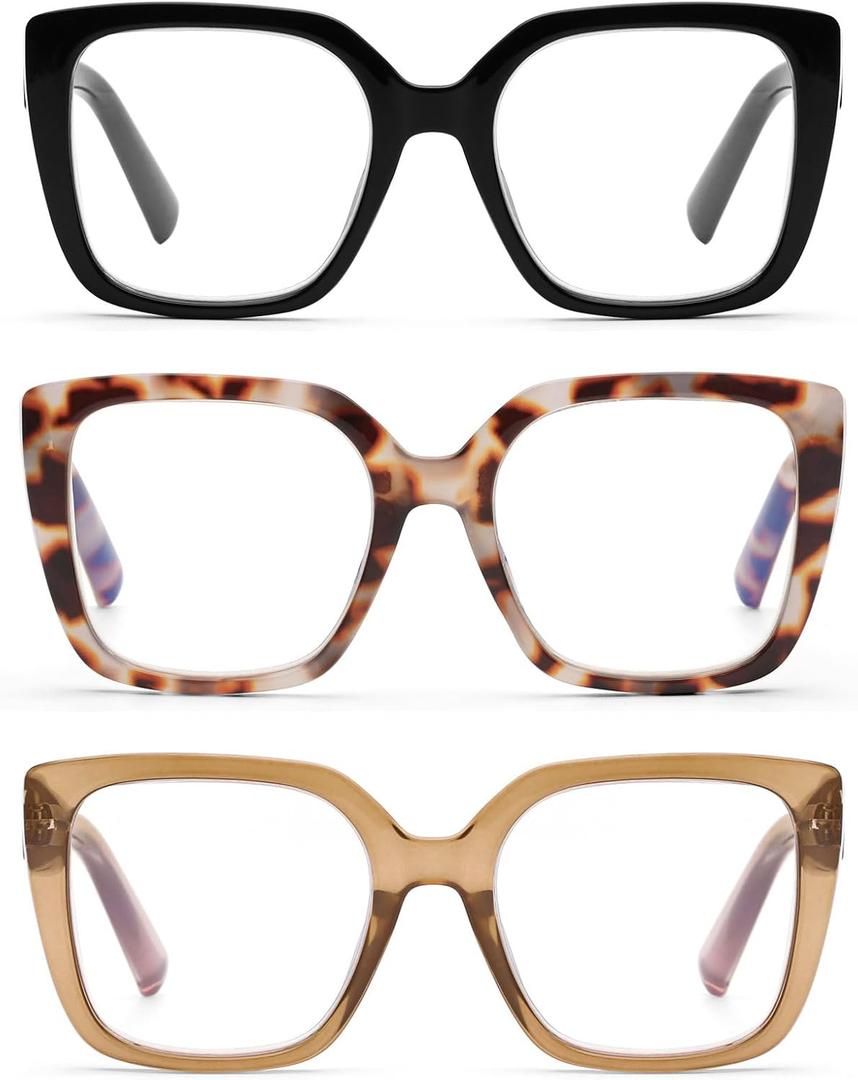 DOOViC 3 Pack Oversized Reading Glasses for Women Blue Light Blocking Square Stylish Computer Readers (3 Colors-s1)