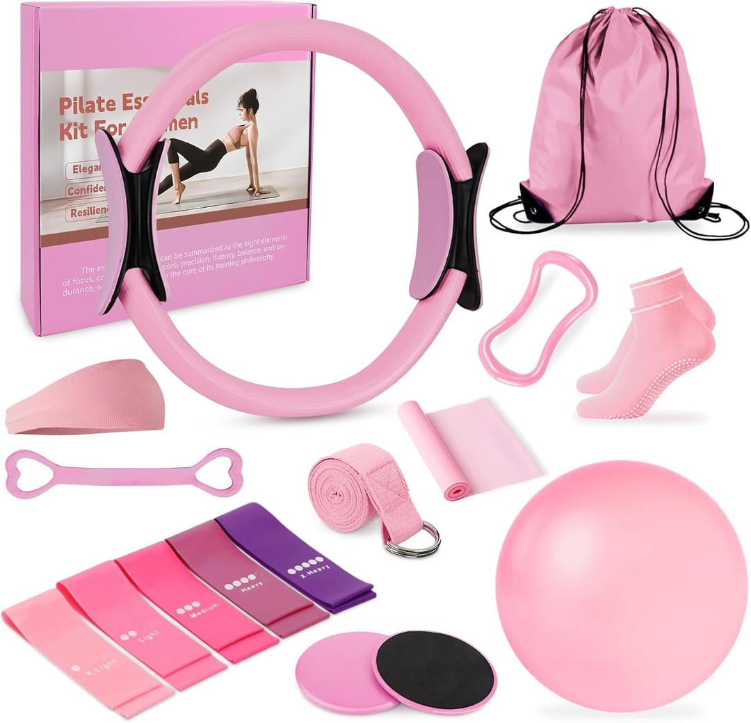 Pilates Ring Set for Women Home Pilates Equipment Kit with 12.5" Pilates Ring,Mini Ball,5 Resistance Bands, Sliders & Grip Socks Complete Starter Set for Toning,Strength & Flexibility, Pink 