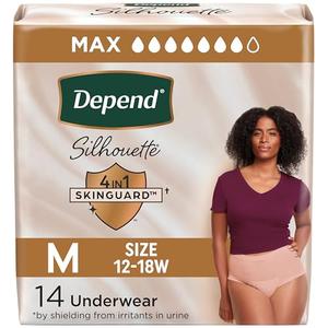 Depend Silhouette Adult Incontinence & Postpartum Bladder Leak Underwear for Women, Maximum Absorbency, Medium, Pink, 14 Count, Packaging May Vary