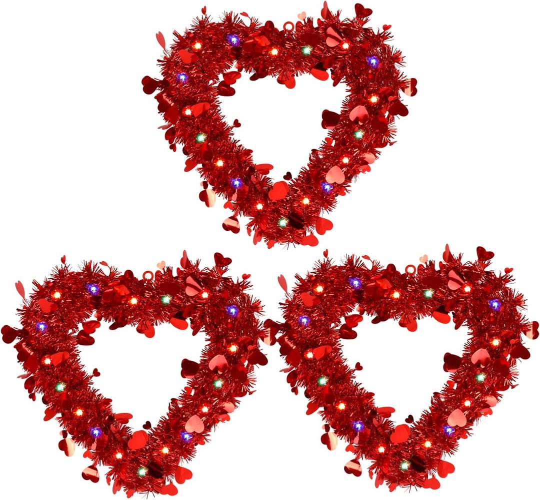 CCINEE 3 Pack Prelit Valentine's Day Heart Shaped Wreath With Lights - Red Tinsel Wreath With Foil Heart - Lighted Hanging Valentines Decoration for Front Door, Wall, Indoor, Outdoor Party Favor