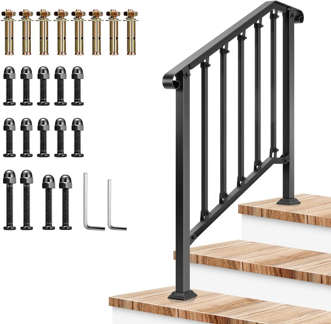 VIVOSUN Outdoor Handrail, 3 Step Stair Handrail, 40" x 36" Fits 1 to 3 Steps, Wrought Mattle Iron Stair Railing with Curved End and Balusters for Concrete Step, Porch Steps, One-Step Assembly, Black