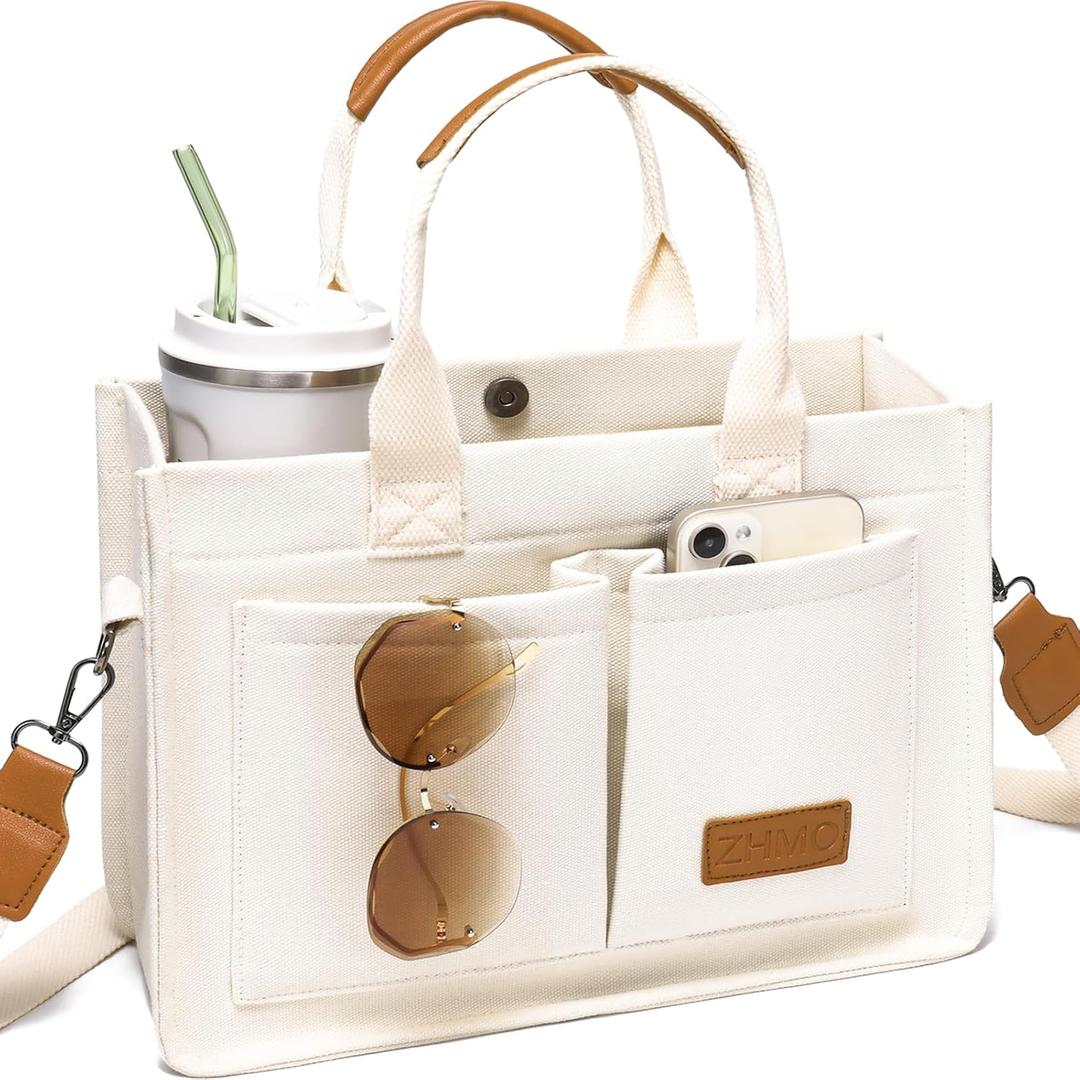 ZHMO Canvas Tote Bag for Women,Women's Bags Crossbody Bags Work Laptop Tote Bag Large Handbags Purse for Travel Nurse Teacher (Beige With Compartments)