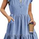 Denim Dress for Women Ruffle Short Sleeve V Neck Jean Mini Dress with Pockets (Large, Light Blue)