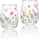 Whaline 2 Pcs Spring Stemless Wine Glasses 17 Oz Watercolor Floral Butterfly Drinking Glasses Wild Flower Tumbler Cups for Party Supplies Gifts