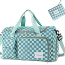 WOOMADA Foldable Travel Duffel Bag with Shoes Compartment, Overnight Bag with Wet Pocket & Trolley Sleeve, Weekender Bags for Women (turquoise checkerboard)