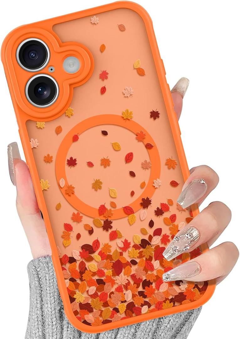 BITOBE Magnetic Case for iPhone 17 [Compatible with MagSafe] Cute Fallen Leaves Pattern Case for Women Girls Soft TPU Bumper Translucent Orange Slim Protective Cover