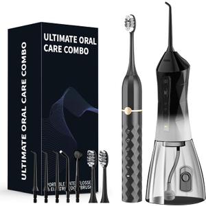 Water flosser+Electric Toothbrush Combination Set -5-Speed Sonic Electric Toothbrush, 4-Speed Portable Water flosser, Super Waterproof, a Great Gift for Friends (Black)