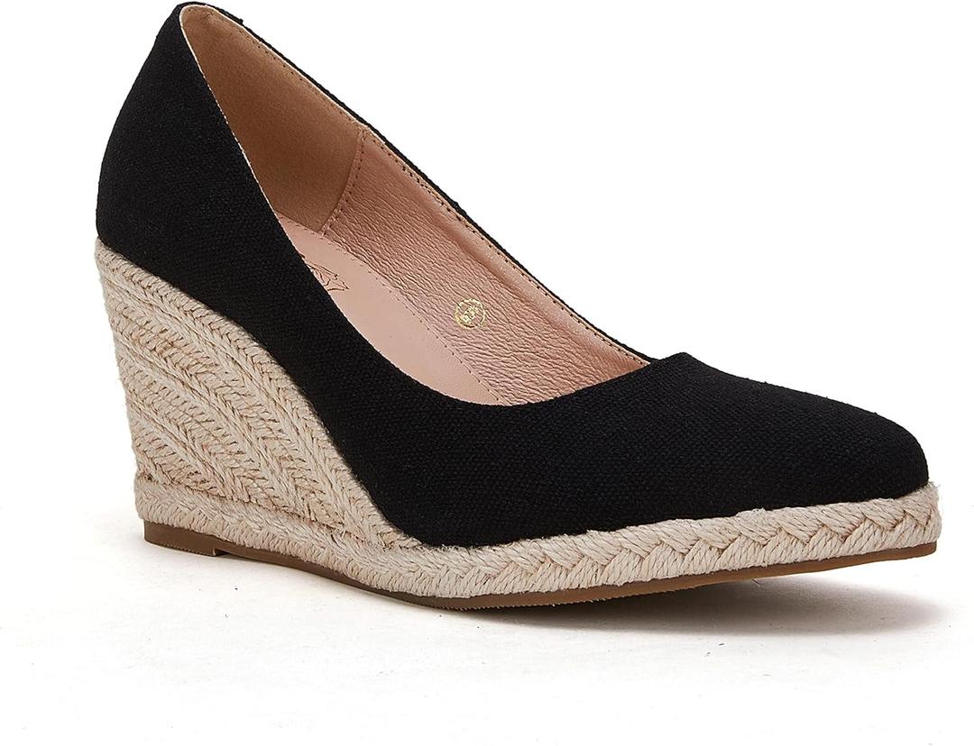 Ruanyu Women's Platform Espadrilles Wedge Sandals Slip On Solid Color Closed Pointed Toe Comfortable Wedge Pumps Shoes (6, Black)