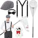 5 Pcs Dog Catcher Costume Men Include Herringbone Tweed Flat Cap, Adjustable Suspender, Dalmatian Dog Catcher Costume for Adult Couple Men Halloween Cosplay Party