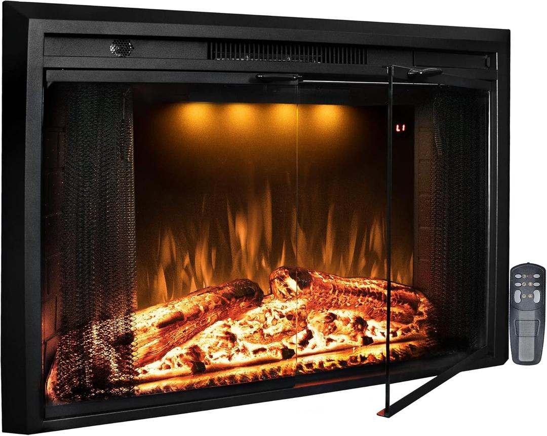 36 Electric Fireplace Inserts with Glass Door and Mesh Screen, Multicolor Flames & Fire Crackling Sounds, Timer, Overheating Protection Fireplace Heater, 750/1500W