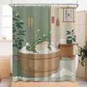 Japanese Funny Frog in Bathtub Shower Curtain Sets for Bathroom 60Wx72H Vintage Cute Animal Shower Curtain Retro Kwaii Rustic Green Polyester Bathtub Curtain Bathroom Decor with 12 Hooks