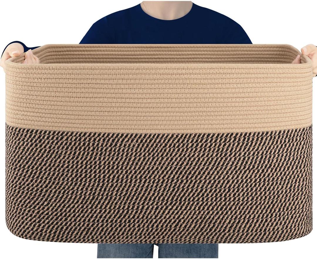 Extra Large Blanket Basket, Toy Basket Bin for Kids, Cotton Rope Woven Storage Basket for Living Room, Nursery, Baby Room Decorative Organizer, 24''16''15'', Brown & Black (96L)
