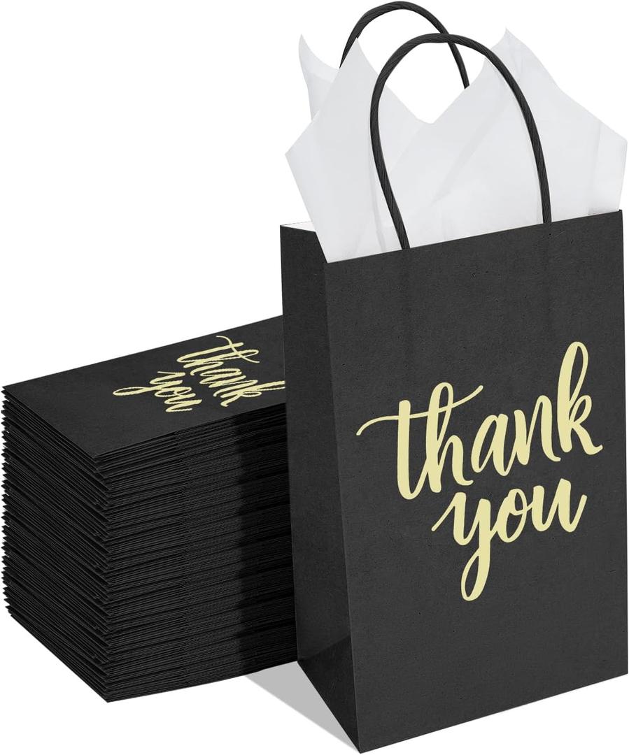 DjinnGlory 100 Pack Small Size Black Thank You Paper Gift Bags with Handles 9x5.5x3.15 Inch for Business Birthday Wedding Bridal Baby Shower Party Favors Goodies