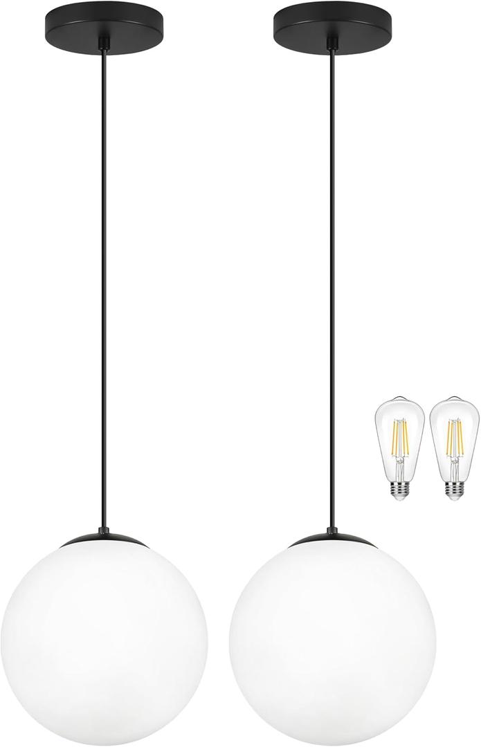 KoKo&Yukina 10" Milk Glass Pendant Lights Kitchen Island 2 Pack Modern Globe Pendant Light Mid-Century Modern Black Pendant Light Fixtures for Dining Room Bedroom Entryway Hallway (Bulb Included), 10 inch - standard