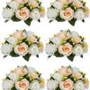 NUPTIO 6 Pieces Champagne White Fake Flower Ball Arrangement Bouquet 15 Heads Plastic Roses with Base, Suitable for Wedding Centerpiece Flower Rack for Parties Home Dcor