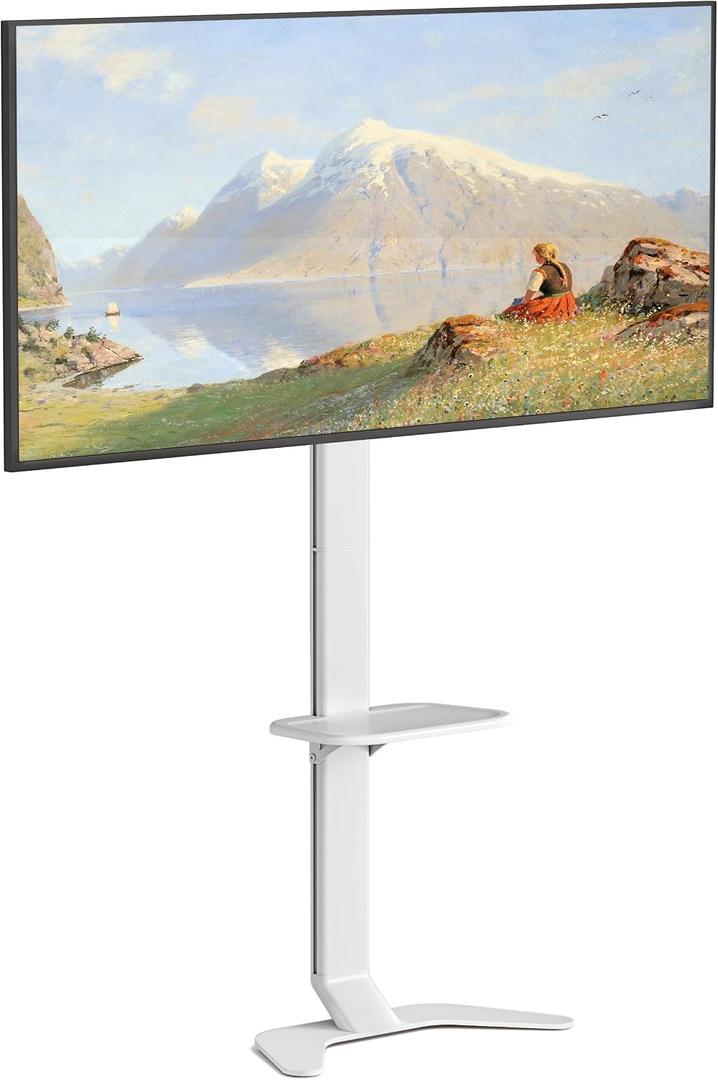 Ultra Slim Tall Floor TV Stand for 37-86 Inch TVs, Modern Curved Base with Shelf, Adjustable Height & Tilt, Space-Saving Design with Cable Management, Fits VESA 600x400mm, White